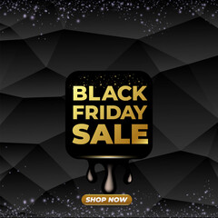 Black Friday sale SQUARE banner with golden text. Black friday melt label, sticker, icon isolated on black CRYSTAL background. creative graphic for promotional banners, social media, shopping labels