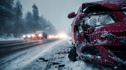 Red car accident on snowy winter road with crumpled front end