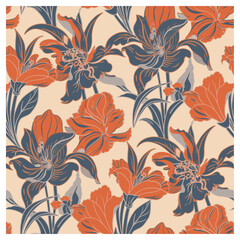 This vibrant floral pattern features bold orange lilies and deep blue flowers, set against a soft beige background. The intricate lines and strong color contrast evoke a vintage, yet timeless charm.