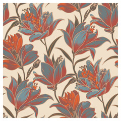 This elegant floral design features vibrant red, orange, and blue flowers on a beige background, creating a striking yet balanced aesthetic. The intricate details and retro style evoke a sense.