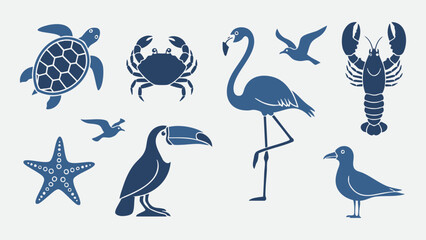 Tropical Marine Animal Silhouette Vector Illustration Set