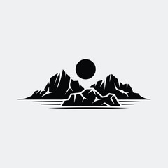 Silhouette mountain range landscape with sun reflection on water vector illustration