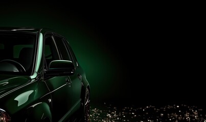 Sleek green luxury SUV partially visible against a dark background, highlighting its glossy finish and modern design. Perfect for automotive and luxury themes.