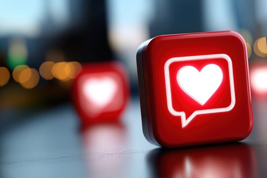 Close-up of a glowing heart icon in a speech bubble on a reflective surface, with blurred city lights in the background. Ideal for social media and communication themes. - Powered by Adobe