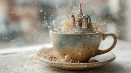 Miniatur-Moskau mit Basilius-Kathedrale in dampfender Teetasse im Winter