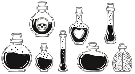 Hand-drawn potion bottles with halloween designs including skull and brain