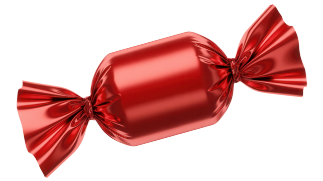 A shiny red wrapped candy with twisted ends isolated on transparent background