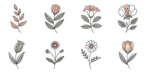 Set of eight minimalist floral illustrations with pastel colors on black