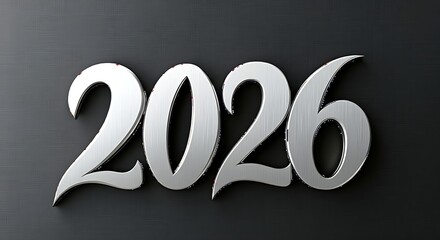 Shiny metallic silver numbers 2026 in a bold font casting subtle shadows on a dark textured background
