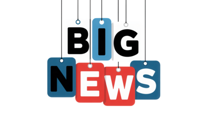 Bold black and white letters spell out big news on colorful tags isolated on transparent background