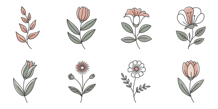 Set of eight minimalist floral illustrations with pastel colors on black