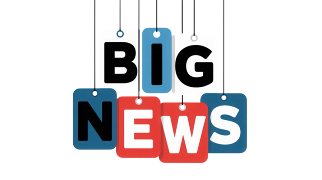 Bold black and white letters spell out big news on colorful tags isolated on transparent background - Powered by Adobe