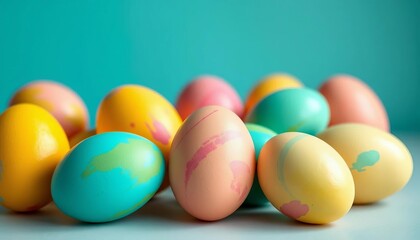 Vibrant teal, pink, and yellow dyed eggs in a modern minimalist setting,  celebration,  happy easter