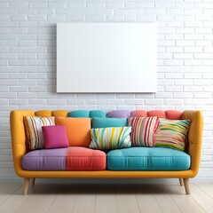 Modern Living Room: An inviting living room showcases a vibrant sofa adorned with colorful cushions and a blank canvas, set against a classic brick wall. Emphasizing comfort and creativity.