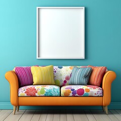 Modern Living Room with Colorful Sofa: An inviting and stylish living room showcasing a vibrant orange sofa adorned with cheerful cushions, complemented by a blank picture frame.