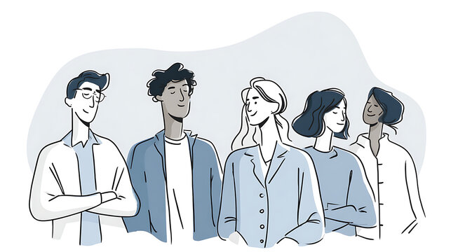 Harmonious diverse business team line art in minimalist muted gray - blue for inclusion initiatives