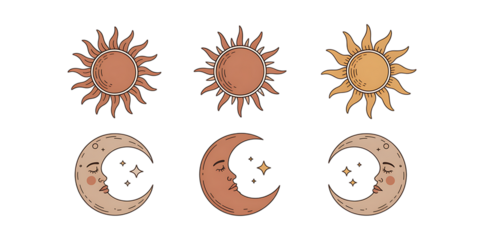 Stylized Sun and Crescent Moon Icons with Faces on Black celestial