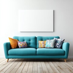 Cozy Corner Interior: A modern teal sofa adorned with vibrant cushions sits invitingly against a minimalist backdrop, creating a comfortable and stylish living space.