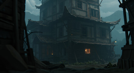 Mysterious floating ancient Asian building with glowing windows at dusk