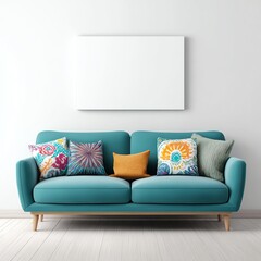 Modern Living: A captivating scene featuring a vibrant sofa adorned with decorative pillows, complemented by a blank canvas, exuding contemporary charm.