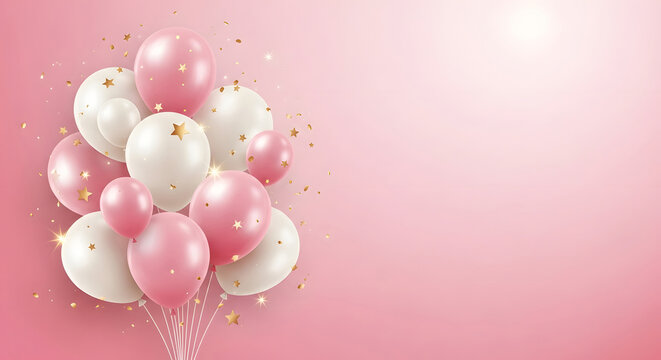 Elegant Pink Background with Floating Pink and White Balloons Stars and Confetti - Celebration Design Template - Powered by Adobe
