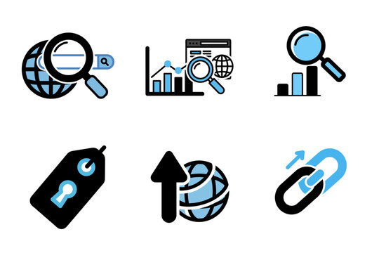 SEO Digital Marketing Icons: Optimize, Web Traffic, Link Building, Search & Analytics Strategy Vector Set