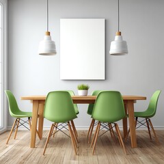 Modern Dining Room Design: A minimalist dining area, featuring a wooden table complemented by stylish green chairs, a framed artwork, and contemporary pendant lighting.