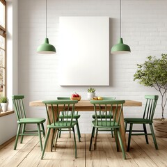 Minimalist Dining: A modern dining room boasts a sleek wooden table and matching green chairs, complemented by overhead lighting and a framed blank canvas, embodying simplicity and tranquility.