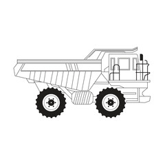 Vector line drawing of industrial mining equipment heavy truck isolated on white background showing detailed construction machinery line art style.