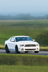 Fototapeta premium Powerful muscle car traveling through green landscape