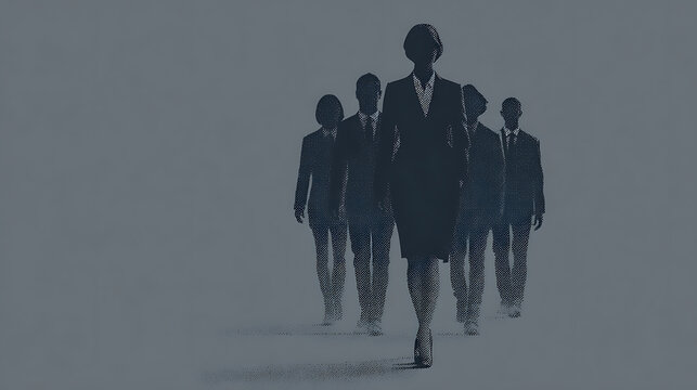 Business - focused minimalist silhouette of a female executive leading diverse team in muted navy and gray for corporate PPTs