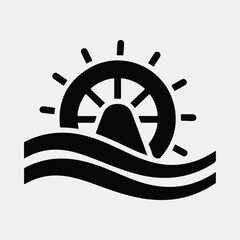 Silhouette shark fin rising from sea with sun rays Vector illustration