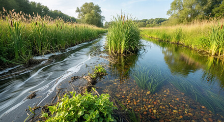 Clear Stream Flowing Through Lush Green River Meadow with Cattails and River Stones