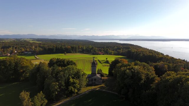 Aerial panoramic landscape Bismarckturm Assenhausen Bavaria Germany. Historic tower near Munich, scenic view of Starnberger See, limestone monument and heritage site