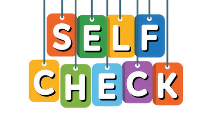 Colorful hanging tags displaying the words self check isolated on transparent background