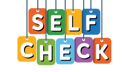 Colorful hanging tags displaying the words self check isolated on transparent background