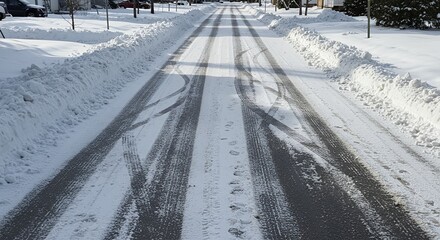 A snow-covered residential street with visible tire tracks and snow banks on a clear winter day.