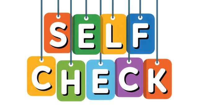 Colorful hanging tags displaying the words self check isolated on transparent background