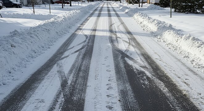 A snow-covered residential street with visible tire tracks and snow banks on a clear winter day.