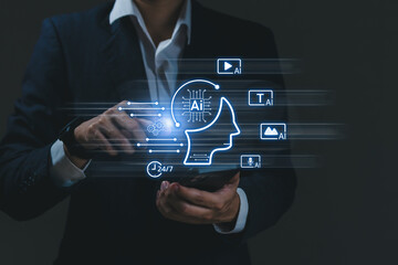 Businessman using mobile phone with AI brain interface hologram, symbolizing artificial intelligence, machine learning, data processing and automation in modern digital business technology.