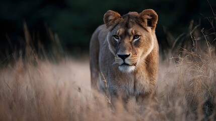 A majestic lioness emerges from tall dry golden grasses her intense gaze fixed forward in the warm soft light of the late afternoon