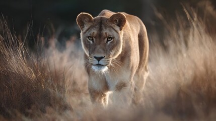 Obraz premium A majestic lioness walks through tall golden grasses at sunset bathed in warm light