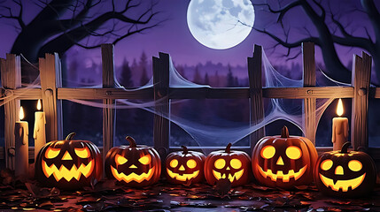 Spooky Halloween Night with Glowing Jack, Lanterns, Candles, and Full Moon, Festive Halloween Background.