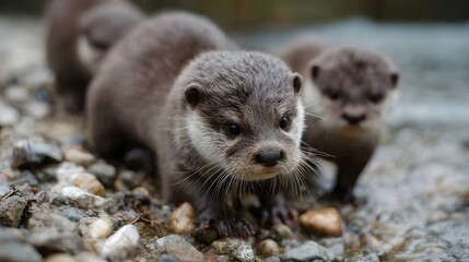 Close up portrait of curious otter pups gathered on a rocky riverbank