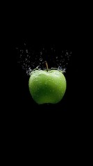 Green Apple Splashing Into Water on Black Background, Droplets Suspended in MidAir