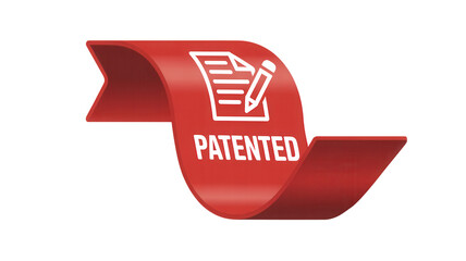 Red ribbon banner with patent document and pencil icon isolated on transparent background