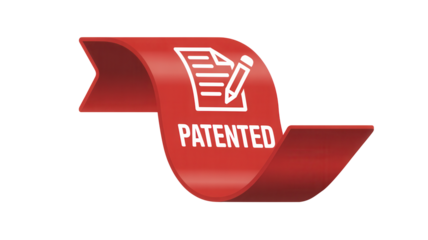 Red ribbon banner with patent document and pencil icon isolated on transparent background