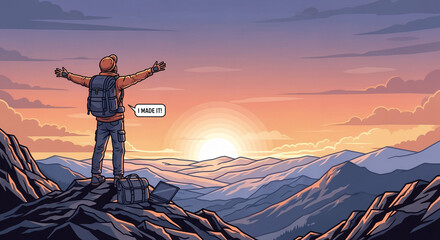 Hiker at Mountain Summit Celebrates Success and Achievement with Sunrise View Illustration