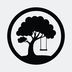 Silhouette tree with swing inside circle logo emblem Vector illustration