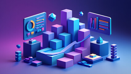 A vibrant low poly 3D model of a futuristic data analytics dashboard, featuring colorful charts, graphs, and UI elements.